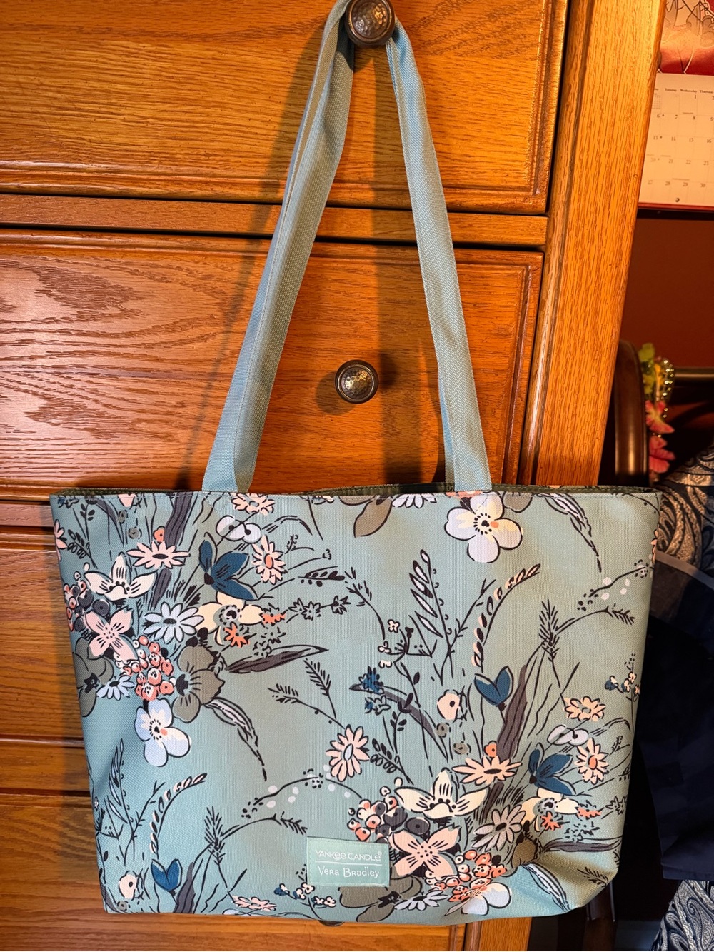 Vera Bradley Floral Tote in Sage Green with Blue and Pink Accents